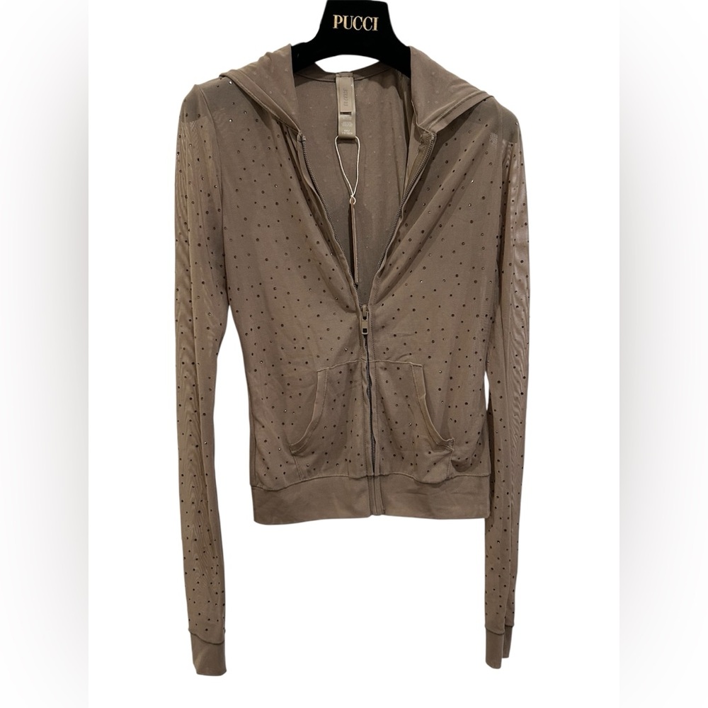 SKIMS NWT MESH RHINESTONE SWIM COVER HOODIE SZ XXS Color Desert